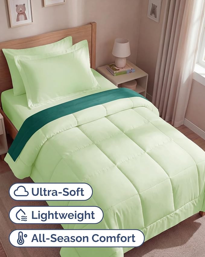 Twin Comforter Set - 5 Piece Bed in a Bag Twin Size Bed Set - Down Alternative Comforter, Flat Sheet, Fitted Sheet, Pillowcase & Sham for All Seasons - Soft, Comfy & Breathable - Light Sage/Emerald