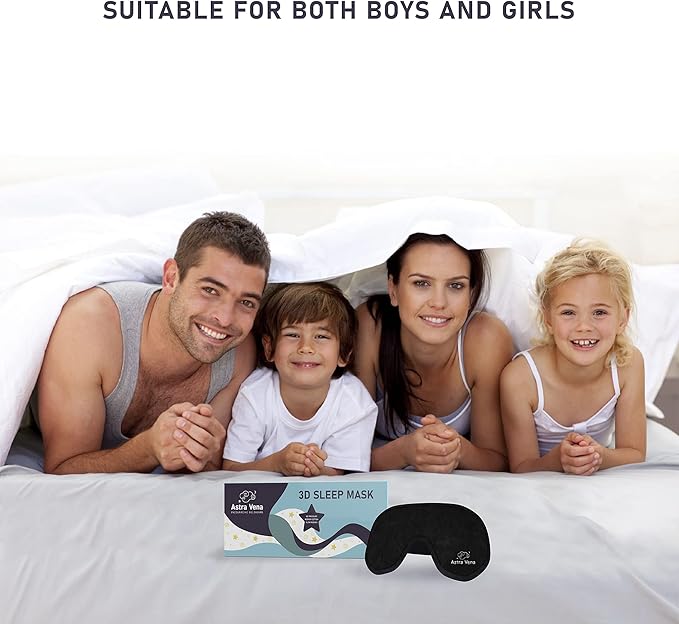 3D Sleep Mask for Kids, Light Block Sleeping Blindfold Memory Foam Contoured Eye Mask for Sleep, Adjustable Strap Eye Cover and Travel Sleep Mask for Boys Girls, Black