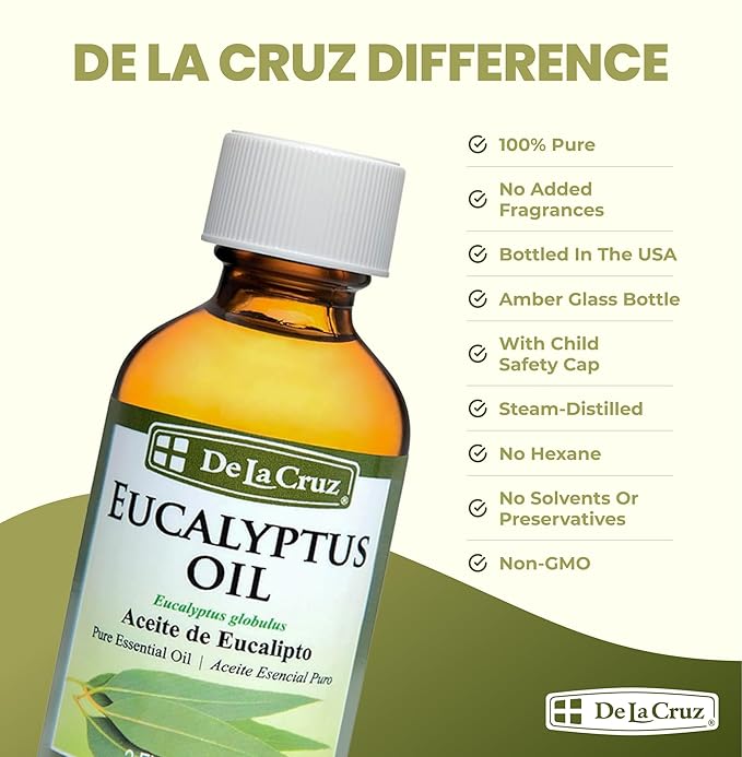 De La Cruz Eucalyptus Essential Oil, 100% Pure Steam Distilled Eucalyptus Globulus, Eucalyptus Oil, Eucalyptus Essential Oil for Diffuser, 2 FL OZ, Aromatherapy, Tree Oil (1 Bottle)