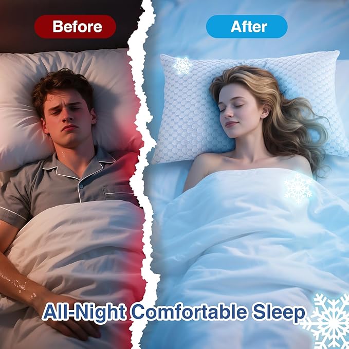 Favocama Cooling Pillow for Sleeping, Shredded Memory Foam Pillows Queen Size Set of 2, Double Sided Cooling Bed Pillows for Hot Sleepers, Side Back and Stomach Sleepers with 4 Covers