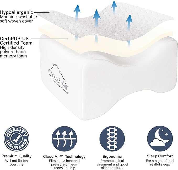 Vaunn Medical Cloud Air Side Sleeper Memory Foam Knee Pillow and Leg Positioner Cushion to Soothe Back, Leg and Hip Discomfort
