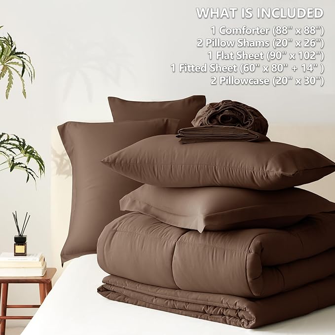 CozyLux Queen Comforter Set Brown - 7 Pieces Bed in a Bag Queen, All Season Breathable Bedding Sets, Oeko-Tex Certified Bed Set with Down Alternative Comforter, Sheets, Pillowcases & Pillow Shams