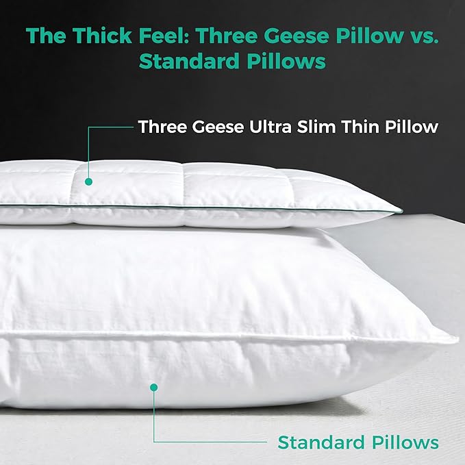 Three Geese Ultra Thin Flat Goose Down Feather Pillows for Sleeping Queen Size, 2.5" Height, 100% Cotton Cover, Ultra Slim Hotel Collection Bed Pillow for Stomach, Back Sleeper, 18x30 in.