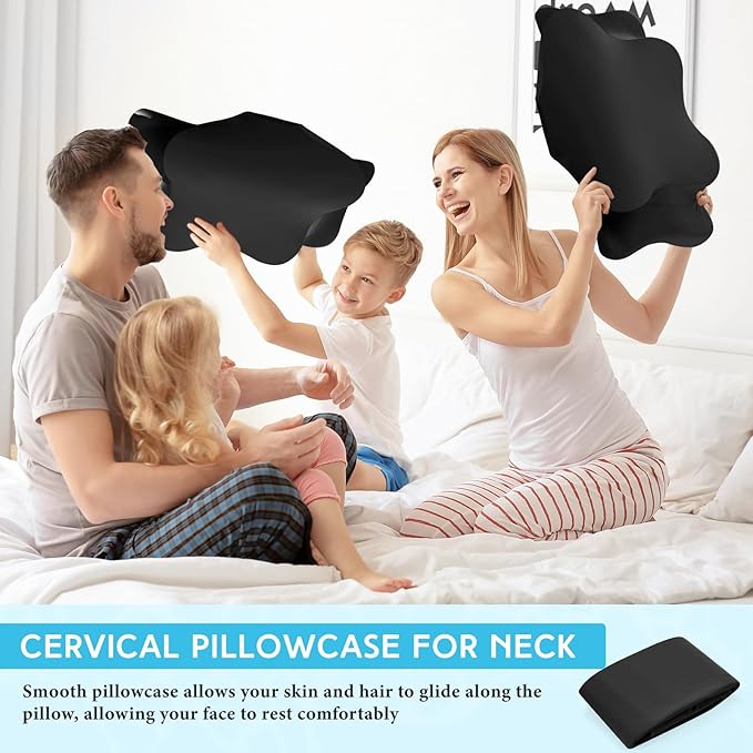 Hahafelt Cooling Cervical Neck Pillowcase Cover (Only Pillow Case) Ergonomic Pillowcase with Zipper Breathable Contour Pillow Cover for Side Back Stomach Sleepers(Black,Standard Size)