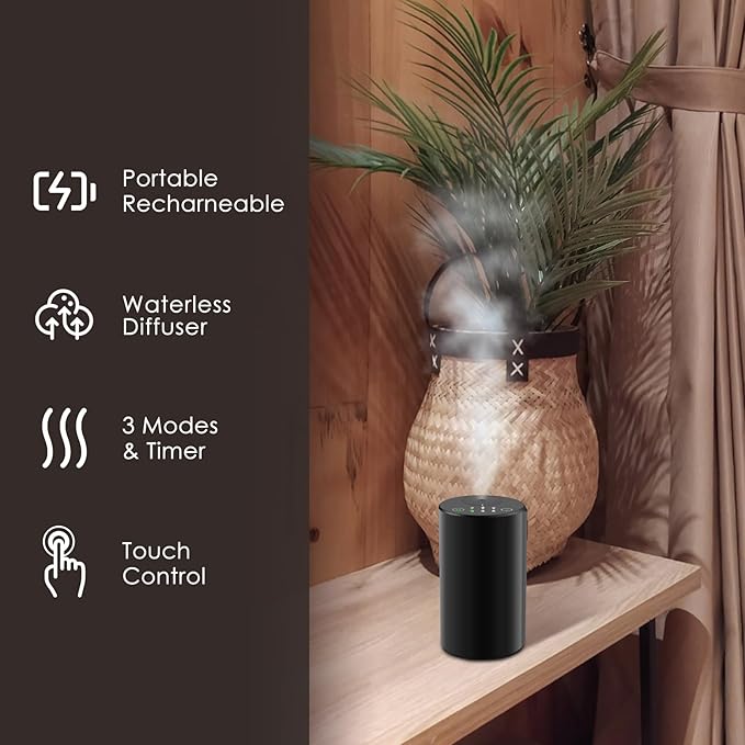 Waterless Essential Oil Diffuser, 7 Colors LED Light, Battery Powered Mini Scent Air Machine, Aromatherapy Mist Diffuser for Home Room Car Office，Black Aluminum Alloy (Black) (Black-B)
