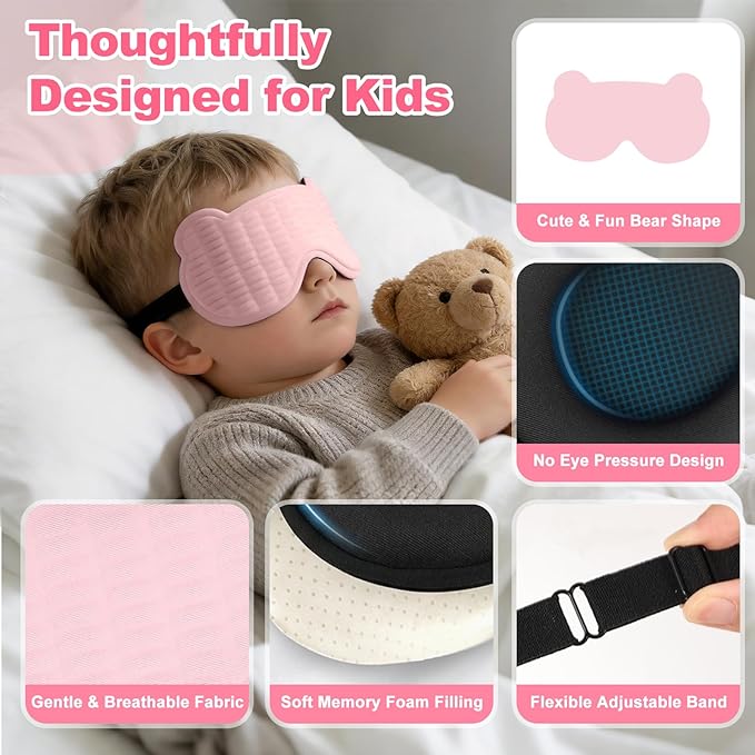 Kids Sleep Mask, 3D Sleep Mask for Kids with Adjustable Elastic Strap, Soft Comfortable Eye Mask for Children, Blackout Travel Kid Sleeping Mask for Ages 5-15 Boys Girls (Pink)