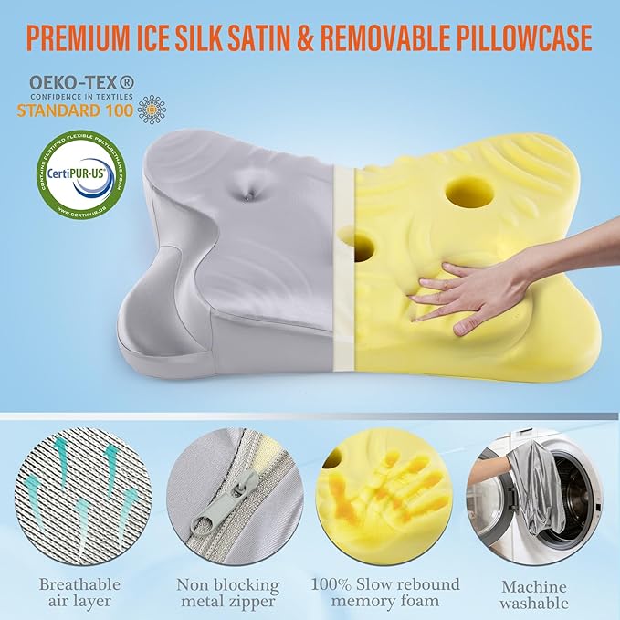 Dual Ear Relief Zone Contour Pillow, Ice Silk Satin Cervical Memory Foam Pillow for Sleeping, Ergonomic Neck Support for Side, Back & Stomach Sleepers