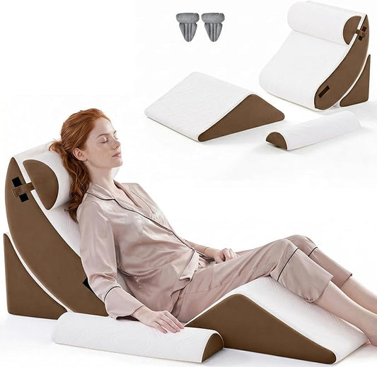 5PCS Wedge Pillow Set for After Surgery,Bed Orthopedic Pillow for Sleeping, Memory Foam Back Pillow for Pain Relief and Acid Reflux, Adjustable Sitting Up for Bed Post Surgery Pillow Brown