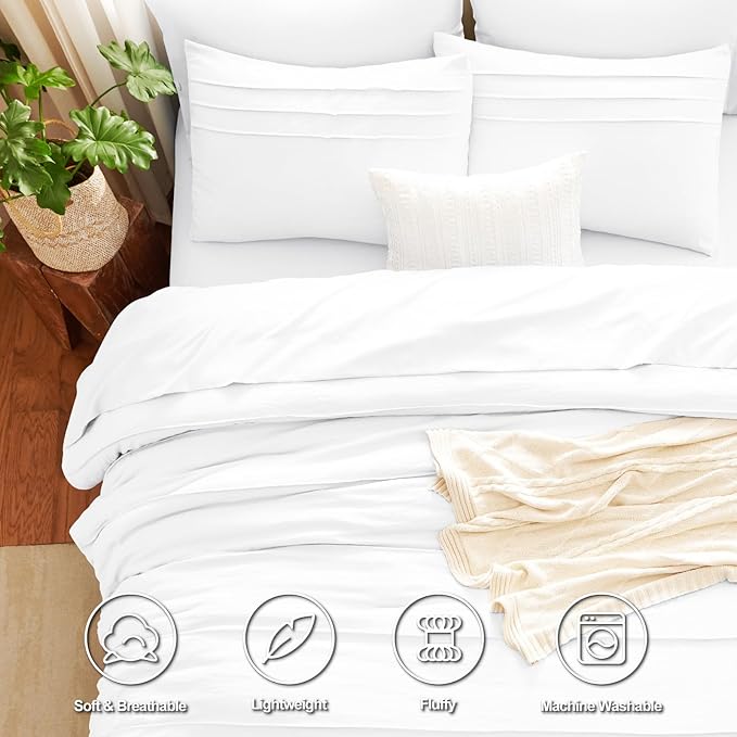 CozyLux Queen Comforter Set White, 7 Pieces Soft Pinch Pleat Bed in a Bag Queen Comforter Set with Sheets, Boho Bed Set with Down Alternative Comforter, Sheets, Pillowcases & Shams
