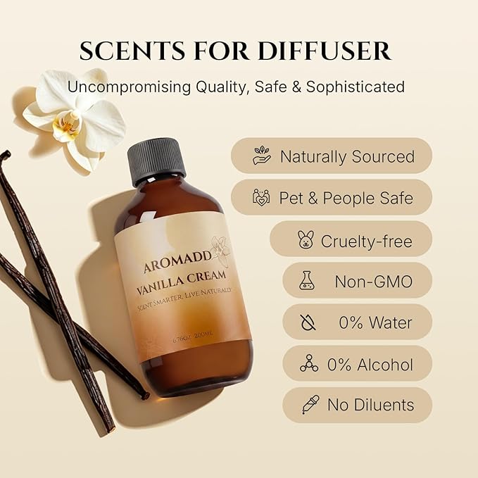 AROMADD Vanilla Cream Diffuser Oil, Warm Vanilla & Caramel Scent, Soft Sweet & Cozy Aroma, Long Lasting Fragrance Oil for Waterless Diffusers & Home Fragrance, 6.76 Fl Oz (200ml)
