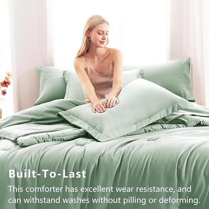 CozyLux Full Comforter Set Sage Green, 7 Pieces Bed in a Bag, Bedding Comforter Set with Sheets, All Season Boho 7PC Bed Sets with Comforter, Fitted Sheets, Flat Sheets, Pillow Shams and Pillowcases