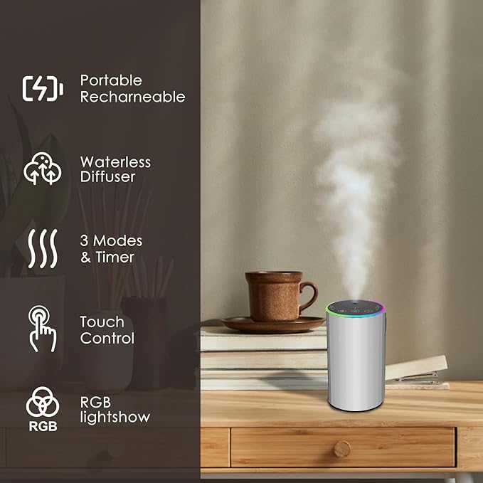 Waterless Essential Oil Diffuser, 7 Colors LED Light, Battery Powered Mini Scent Air Machine, Aromatherapy Mist Diffuser for Home Room Car Office，Black Aluminum Alloy (Silver-LED)
