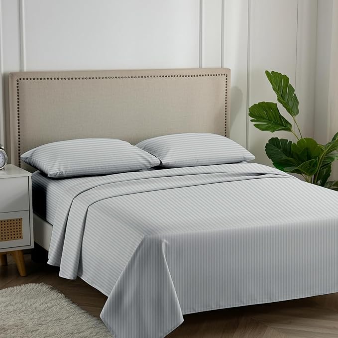 Carressa Linen Luxury Egyptian Cotton King Stripe Sheet Set - 600 Series Hydrangeas Collection Long Staple King Damask Sheets Set (4 PC, Silver Stripe), Soft Sateen Sheets Upto 18 in Deep Pocket