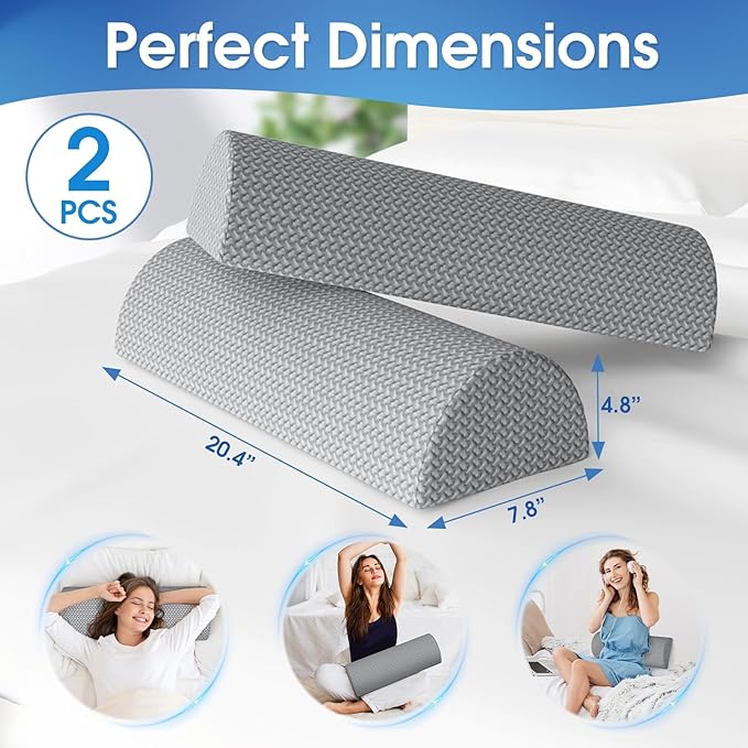 TranquilRelax 2 Pack Knee Pillow for Back Sleeping Memory Foam Half Moon Bolster Pillow for Legs, Under Knee Support, Ankle & Foot Comfort Orthopedic Pillow for Side Sleepers, Grey