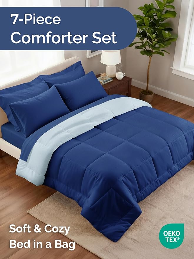 Full Comforter Set - 7 Piece Bed in a Bag Full Size Bed Set - Down Alternative Comforter, Flat Sheet, Fitted Sheet, Pillowcase & Shams for All Seasons - Soft, Comfy & Breathable - Navy Blue/Sky Blue