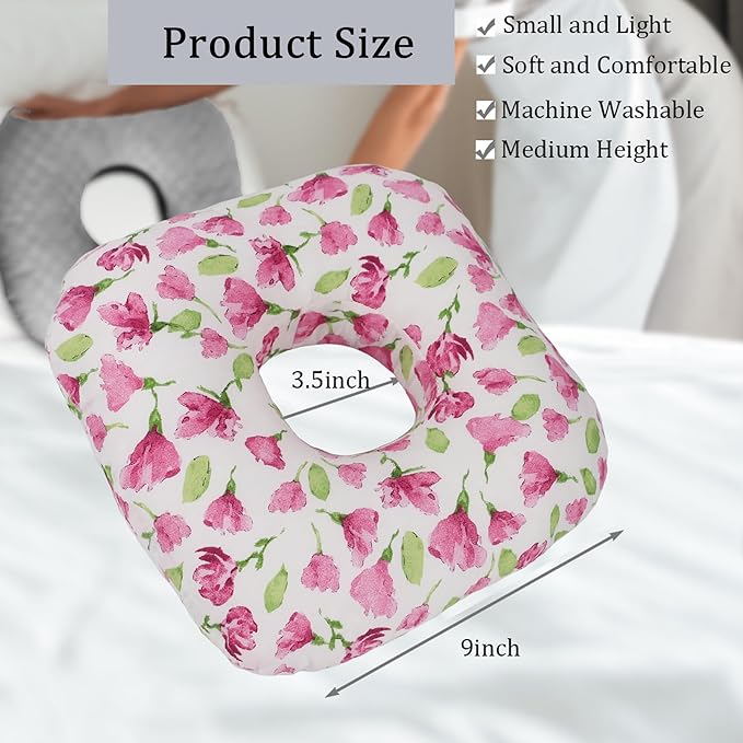Ear Piercing Pillow for Side Sleepers, Pillow with an Ear Hole for CNH and Ear Pain Ear Inflammation Pressure Sores, O-Shaped Side Sleeping Pillow, Ear Guard Pillow (Rosered Iris Flowers)