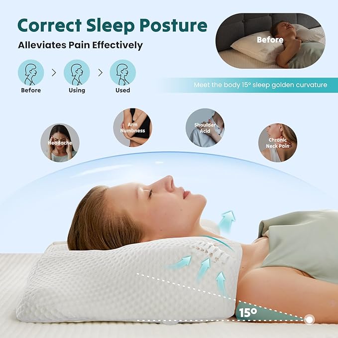 Sweetcrispy Cooling Ergonomic Memory Foam Cervical Pillow for Neck and Shoulder, Orthopedic Neck Support for Back Stomach Sleepers, Contour Side Sleeper for Adults, Queen, White