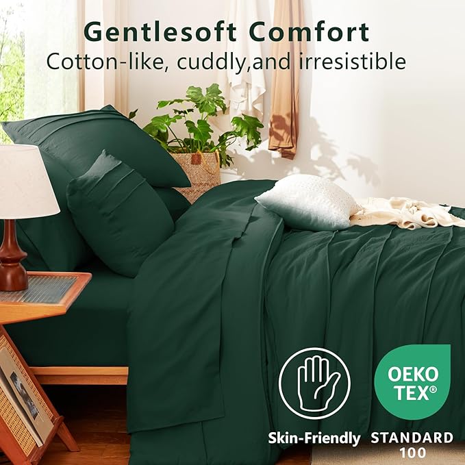 CozyLux King Size Comforter Set Emerald Green, 7 Pieces Soft Pinch Pleat Bed in a Bag King Comforter Set with Sheets, Bed Set with Down Alternative Comforter, Sheets, Pillowcases & Shams