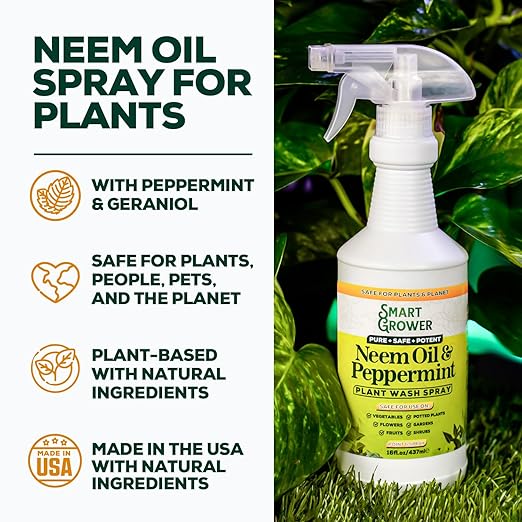 Smart Grower Neem Oil Spray for Plants with Peppermint Oil, Natural Plant Wash Made for Indoor Household Plants 16oz Easy Ready to Use Spray