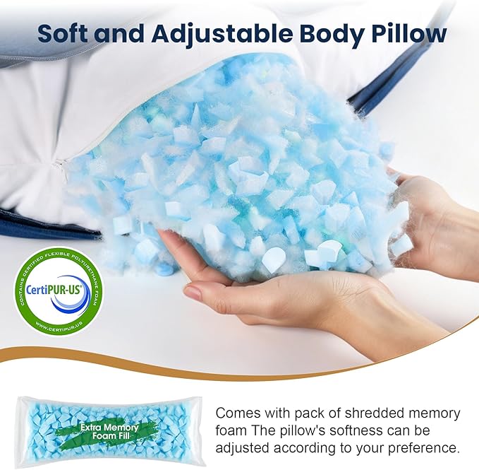 TranquilRelax C Shaped Body Pillow for Side Sleepers, Memory Foam Long Pillow for Leg, Hip & Back Support, Soft Washable Cover,Navy Blue-47"*10"