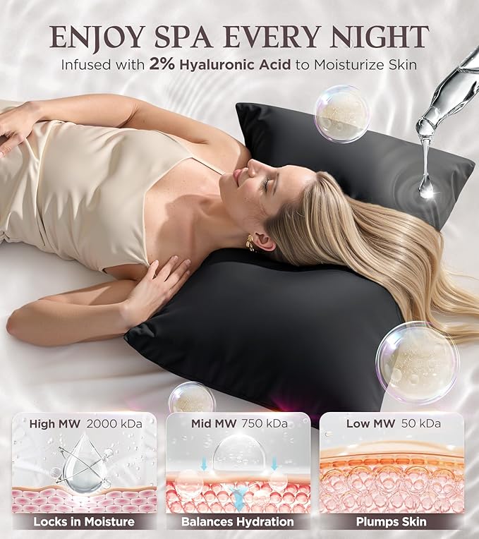 Instant Chill Cooling Pillowcase for Hot Sleepers, 2% HA Infused Pillowcase Hydrates Skin & Hair, Reduces Wrinkles & Frizz, Softer Than Silk Pillow Cases, Pillow Covers Standard (Black, 1 Pack)