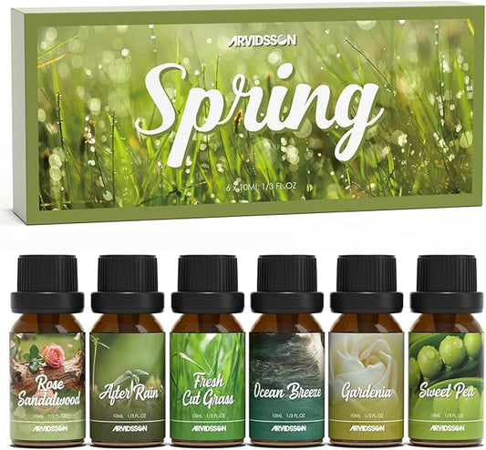 ARVIDSSON Spring Essential Oils Set, Natural Fragrance Oil for Diffuser - After Rain, Ocean Breeze, Fresh Cut Grass, Gardenia, Sweet Pea, Rose Sandalwood, Spring Scented Oil Gift Set