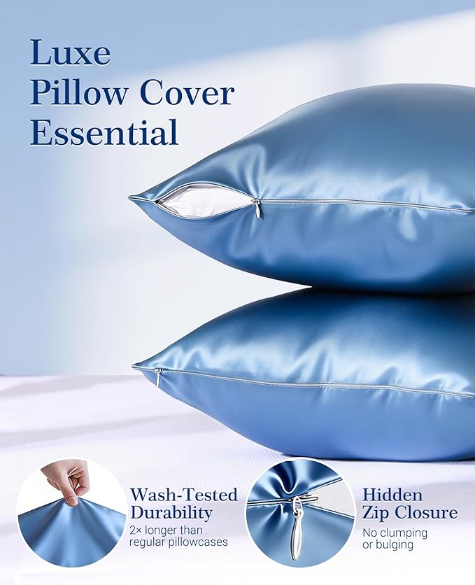 Elegear Cooling Pillow Cases Set of 2 for Hot Sleepers, Softer Than Silk Pillow Cases for Hair & Skin,Upgraded Arc-Chill Cooling Satin Pillowcases Q-max>0.5, Luxury Zipper Pillowcase Cover -Queen,Blue