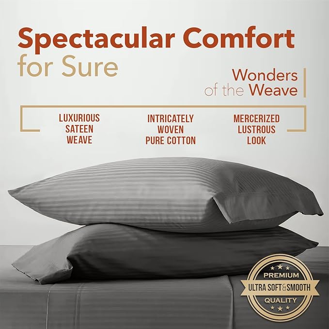TEXAS LINEN CO. Luxury Egyptian Cotton Twin Sheet Set - Texan Talkin' Damask 600 Series 3 PC Deep Pocket Fitted and Flat Sheets, Extra Long Staple Sateen Bedding, Dorm Room Sheets - Dark Grey Stripe