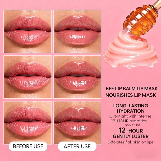 8Pcs Bee Lip Balm Honey Pot, Lip Mask Skincare, Strawberry, Watermelon, Apple Lime, Cherry, Mint, Coconut, Peach, Moisturizing Honey Balm Bulk Gifts, Mothers Day Gifts, Teacher Appreciation Gifts