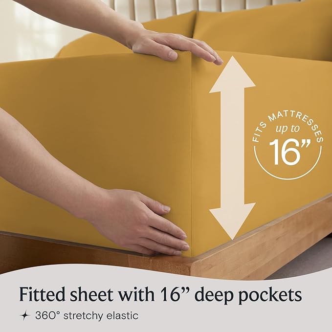 LuxClub 4 PC Queen Sheet Set, Breathable Luxury Bed Sheets, Deep Pockets 18" Wrinkle Free Cooling Sheets Machine Washable Hotel Bedding Silky Soft - Medallion Gold Queen