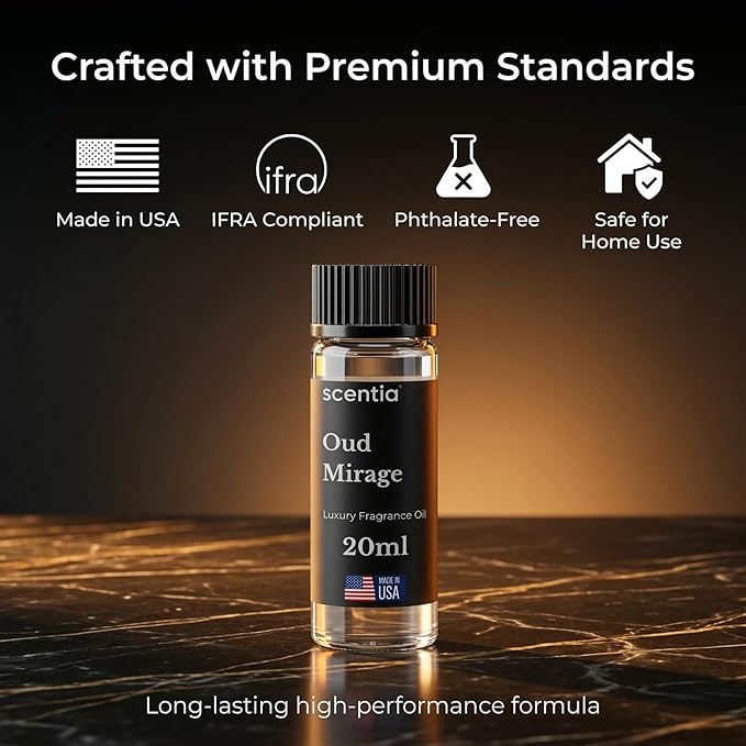 Scentia Oud Mirage Fragrance Oil for Diffusers – Luxury Spicy Woody Home Scent with Cardamom, Sandalwood, Patchouli & Tonka – Oil for Ultrasonic, Cold Air & Waterless Diffusers – 20 ml (0.67 fl oz)