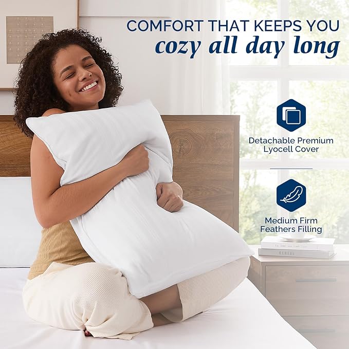 downluxe Goose Feather and Down Pillows - Hotel Collection Feather Pillows Set of 2 for Back, Stomach or Side Sleepers, Standard Size (20"x26")
