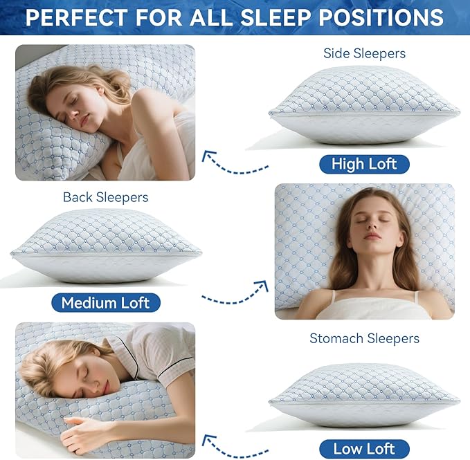 Cooling Bed Pillows for Sleeping Set of 2, Shredded Memory Foam Pillows for Bed Standard Size 2 Pack, Adjustable Cool Pillow for Side, Back and Stomach Sleepers Neck Supportive