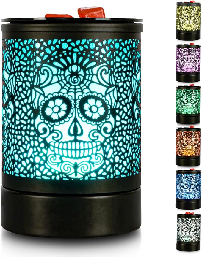 Enaroma Fragrance Wax Melts Warmer with 7 Colors LED Changing Light Classic Black Forest Design Scent Oil Candle Warmer for Home Skull