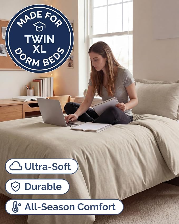Duvet Cover Twin/Twin XL Size Set - Extra Soft Twin/Twin XL Duvet Cover 68" x 90" with 1 Pillow Sham - Hotel Luxury, Fade Free w/ Zipper Closures & Ties - Comfy, Cozy & Breathable (Heathered Beige)