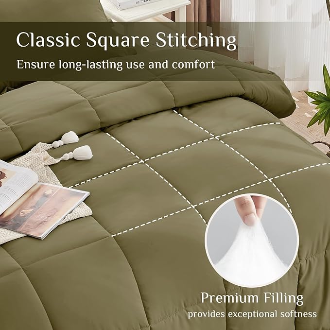 JOLLYVOGUE California King Comforter Set, Ultra-Soft Bed in a Bag Cal King Size 7 Pieces, Oeko-TEX Certified Bedding Set with Down Alternative Comforter, Sheets, Pillowcases & Shams, Olive Green