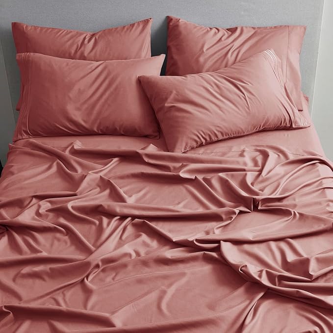 Clara Clark Cal King Sheets - Hotel Luxury 6 Piece Bed Sheets for Cal King Size Bed - Soft Bedding Sheets & Pillowcases, Fits Mattress up to 16 inch deep. California King, Pink Clay