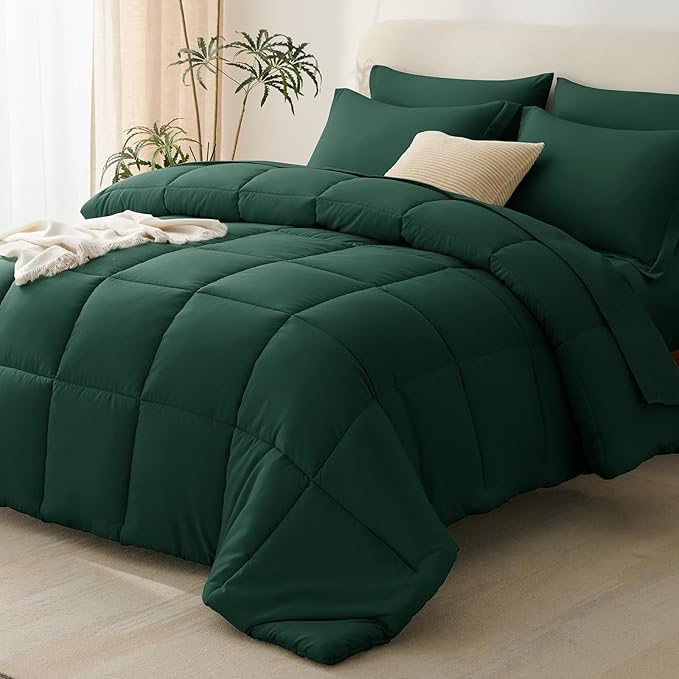 CozyLux Oversized Queen Comforter Sets Emerald Green, 7 Pieces Bed in a Bag, 98x98 Box Stitched Design Bedding Set, All Season Soft bed set with Down Alternative Comforter, Sheets, Pillowcases & Shams