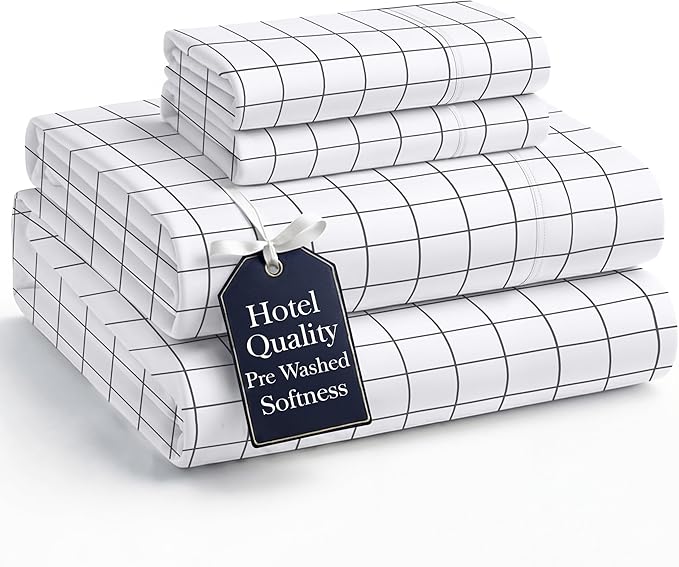 Casa Platino Bed Sheets California King Size, Pre-Washed Ultra Soft & Breathable California King Bed Sheets Set, 100% Hydro-Brushed Microfiber Cooling Sheets Deep Pocket - Windowpane