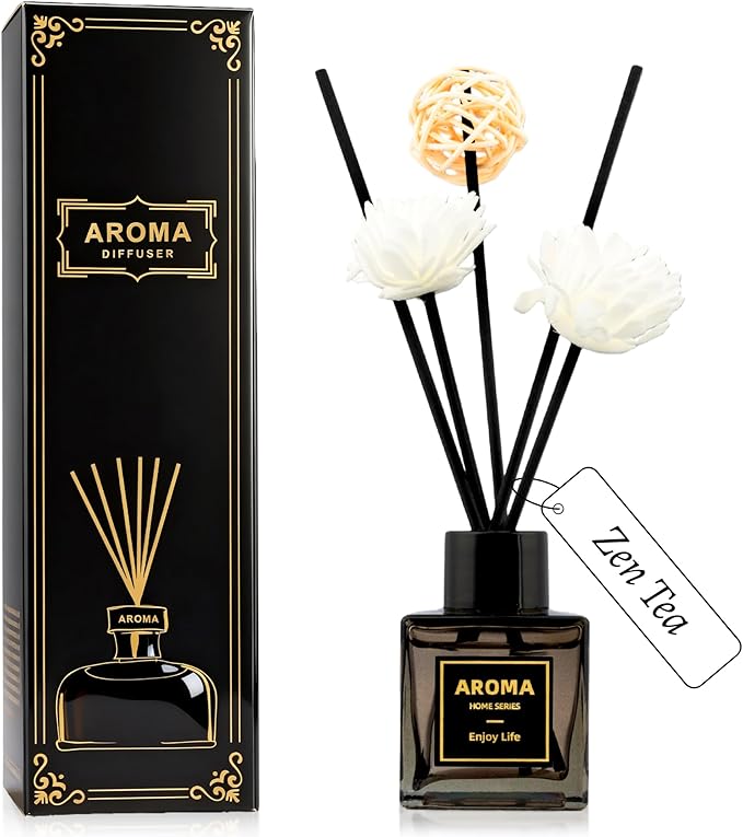Black Glass Bottle Scent Diffuser, 1.7 oz Reed Diffuser with Sticks, Home Fragrance for Bookshelf, Bedroom Vanity, Office Desk & Bathroom Decor, Air Freshener for Aesthetic Room Decor (Zen Tea)