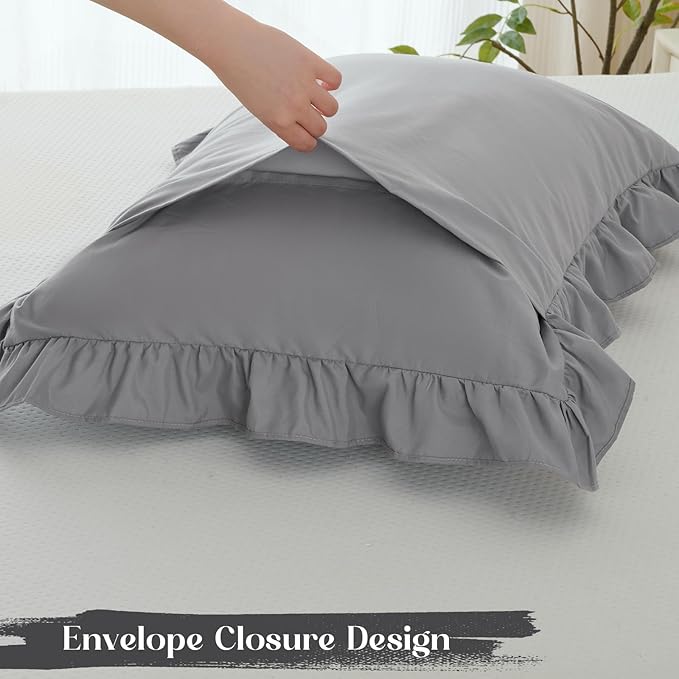 Homiest 3-Pieces Ruffle Pillow Case & Fitted Sheet Set, Grey King Sheets with 2 Ruffled Pillow Shams, 15 Inch Deep Pocket, Cute & Coquette Microfiber Bed Set for Decorating Bedroom Hotel