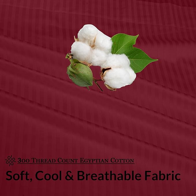 ROYALE LINENS 300 Thread Count 100% Long Staple Combed Cotton Sheet Set - 4 Piece King Bed Sheets - 1 Fitted, 1 Flat & 2 Pillow Cases - Soft Cool & Crisp Sheet Set (King, Stripe Burgundy)