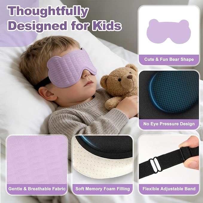 Kids Sleep Mask, 3D Sleep Mask for Kids with Adjustable Elastic Strap, Soft Comfortable Eye Mask for Children, Blackout Travel Kid Sleeping Mask for Ages 5-15 Boys Girls (Purple)