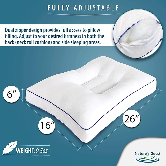 Nature's Guest Adjustable Cervical Pillow, Better Than Memory Foam Pillow for Neck Pain, Contour Orthopedic Pillow for Sleeping, Ergonomic Pillow for Side, Back and Stomach Sleepers, Standard Medium