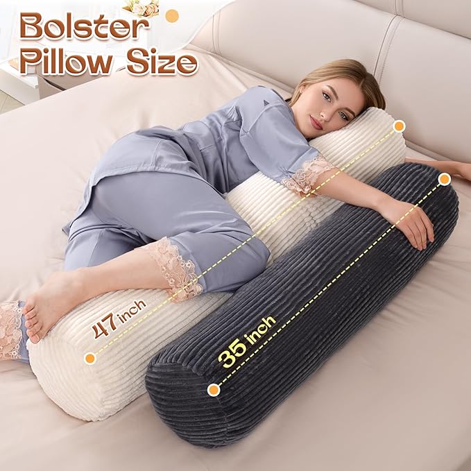 1 MIDDLE ONE Body Pillow for Adults, Long Bolster Pillow for Bed, Decorative Round Roll Hug Pillow with Corduroy Cover (Dark Grey, 47x7.87 inch)