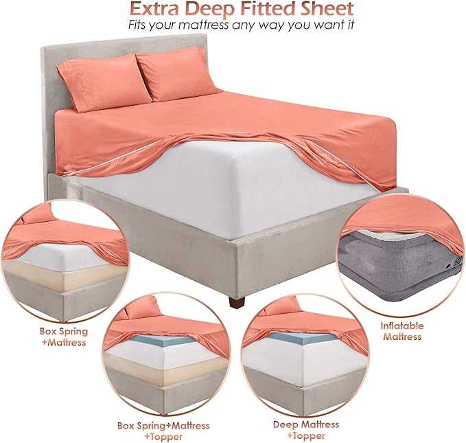 Hearth & Harbor Extra Deep Pocket Queen Sheets Sets - Fits Mattress 18-24 Inches Deep - Extra Deep Pocket Sheets - 6 Piece Queen Size - Misty Rose