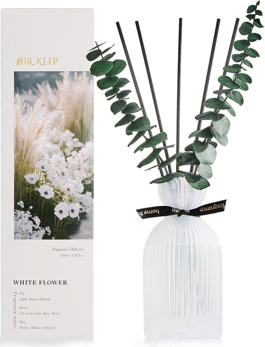 Airkeep Reed Diffuser Set 6.76 oz – White Flower Home Fragrance with Eucalyptus Sticks – Decorative Glass Bottle for Bathroom, Bedroom & Living Room Décor – Gift Ready