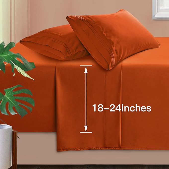 Manyshofu Extra Deep Pocket Twin Sheets Set - Hotel Luxury 1800 Thread Count Sheets & Pillowcases - Kids Bedding Set up to 24" Mattress - Burnt Orange Bed Sheets 18-24 Inch Deep Pockets - 3 Piece