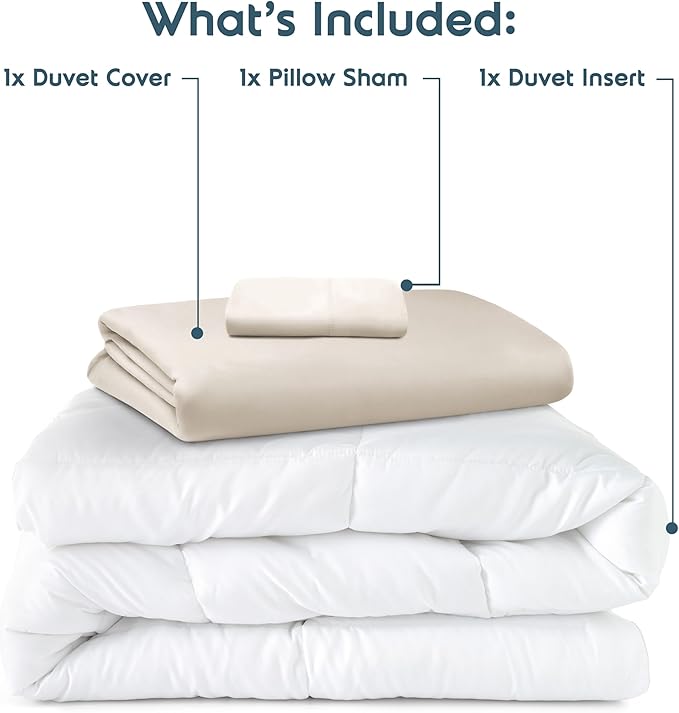 Nestl Twin Duvet Cover Set with Comforter Insert - Off White 3 Piece 68x90 Duvet Cover & 1 Pillow Sham with White Quilted Down Alternative Comforter, Ultra Soft, All Season