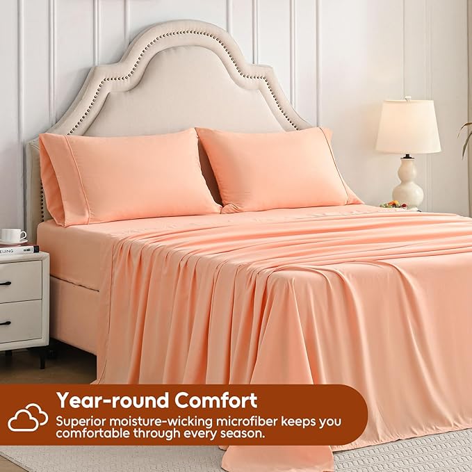 Queen Sheet Set, 4 Pieces Hotel Luxury Soft Microfiber Queen Bed Sheets Set, Up to 16" Deep Pockets, Oeko-Tex Sheets with Elastic, Breathable, Wrinkle Free (Peach Pink, Queen)